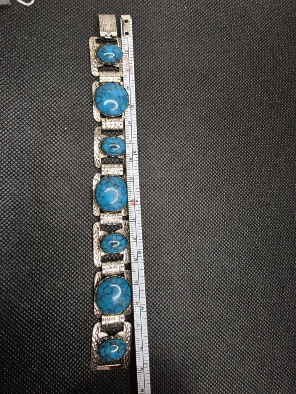 Vintage Silver Tone Faux Turquoise Panel Link Bracelet 7